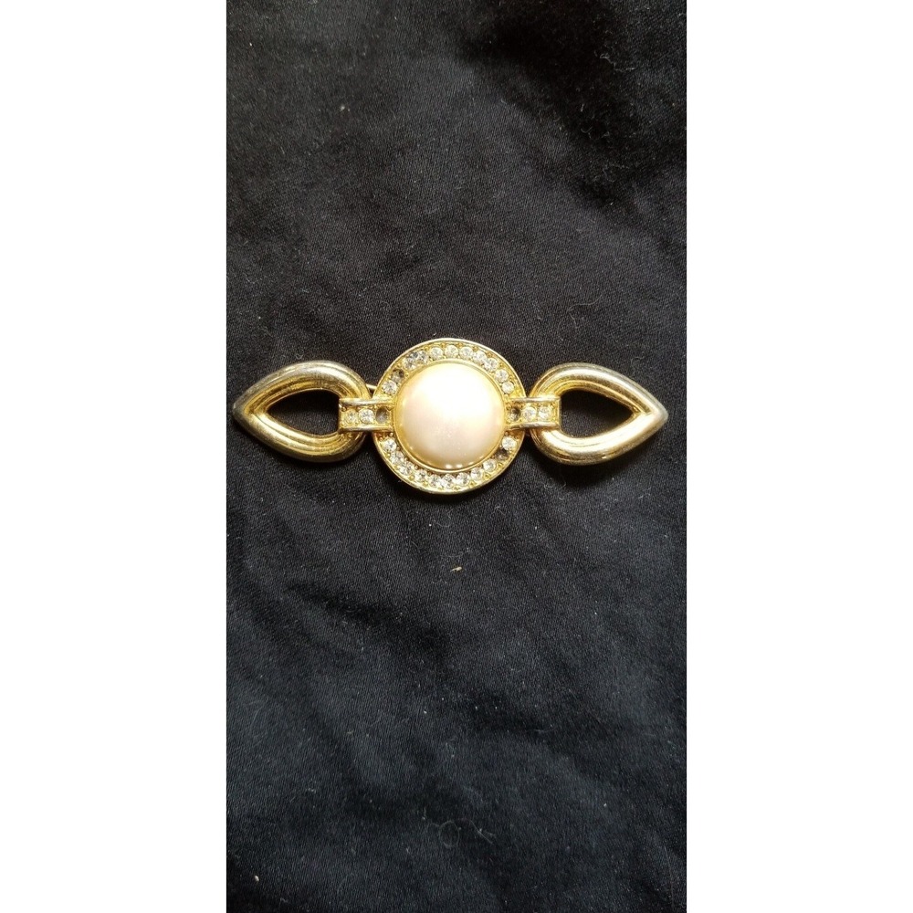 Vintage Monet Pearl & Rhinestone Gold Buckle Brooch